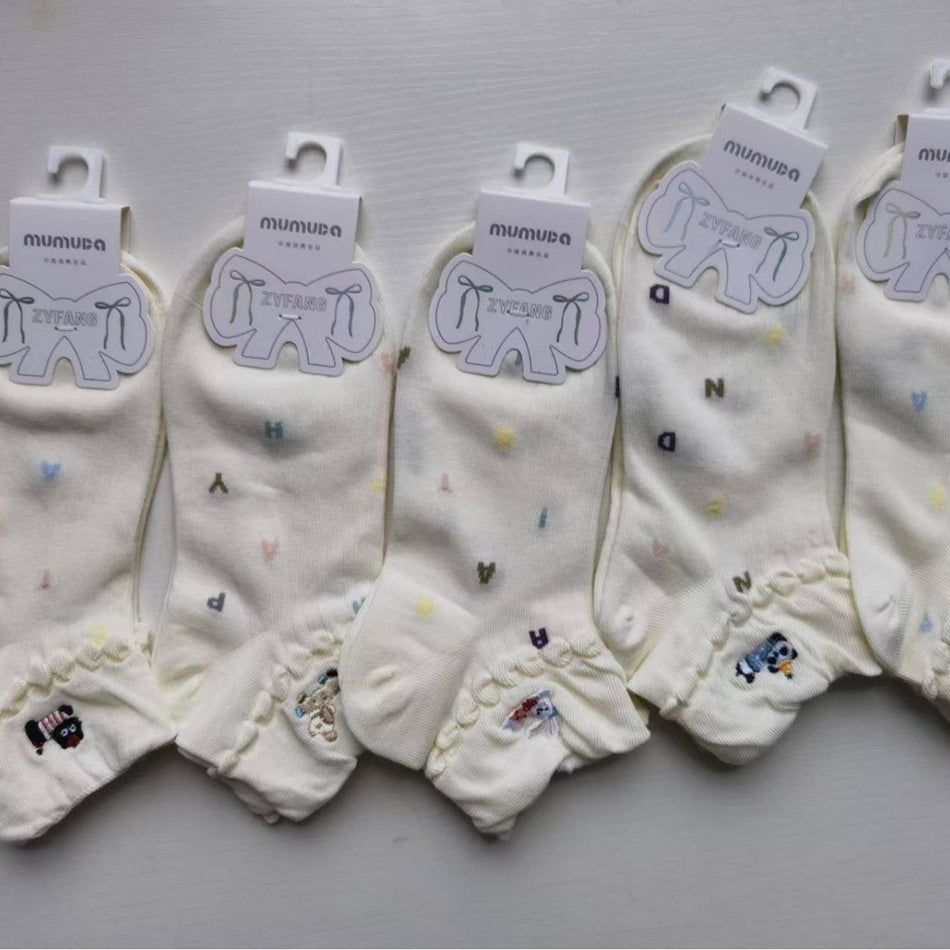Women's Japanese Style Embroidered Cotton No-Show Socks- Pack of
