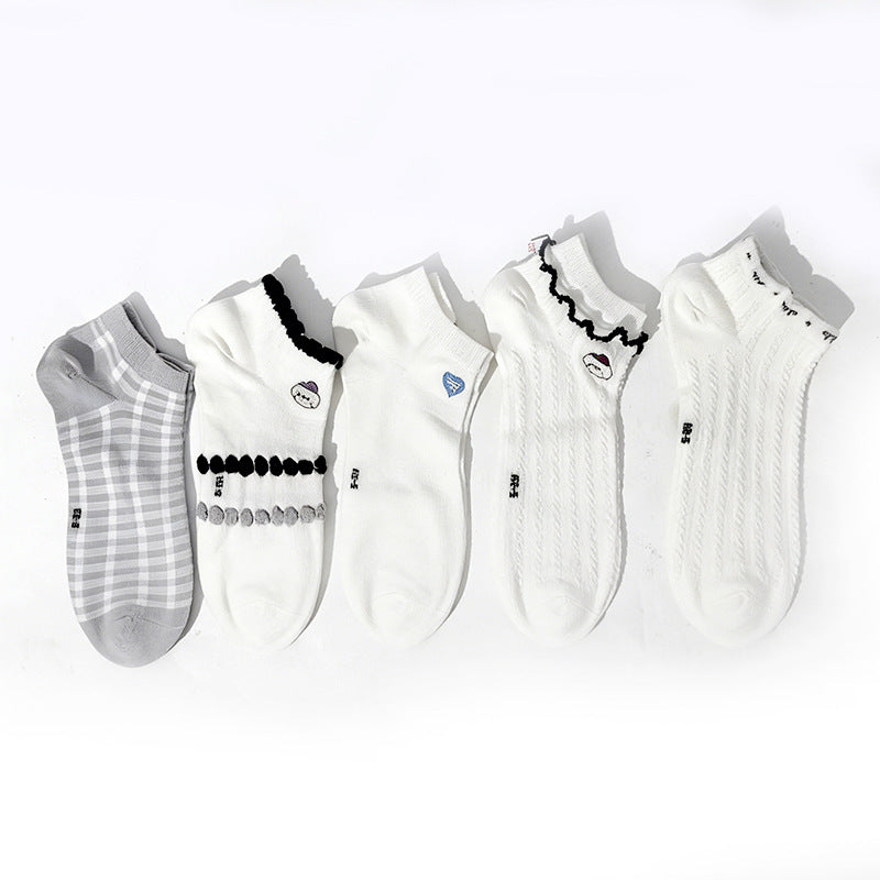 Women's Japanese Plaid Ruffle Edge Cotton Ankle Socks- Pack of 5