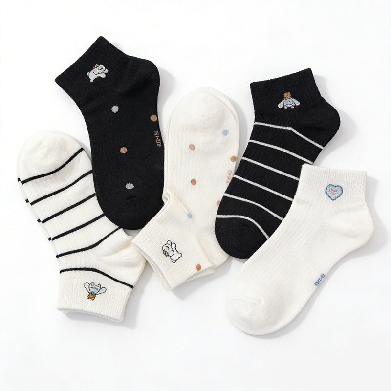 Women's Japanese Style Striped Cotton Mid-Calf Socks- Pack of 5