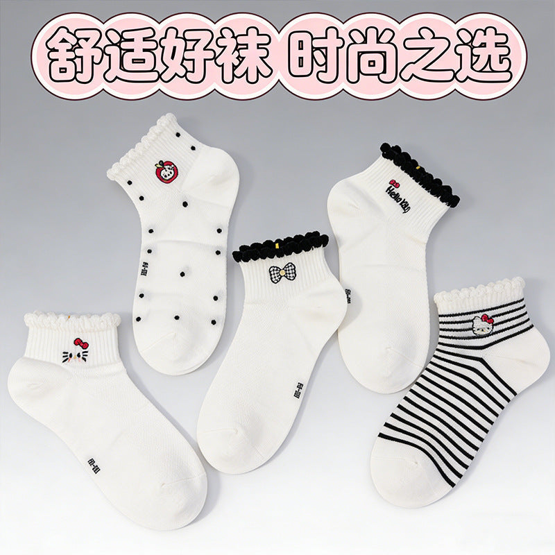 Women's Cartoon Lace Boat Socks with Striped Detail- Pack of 5