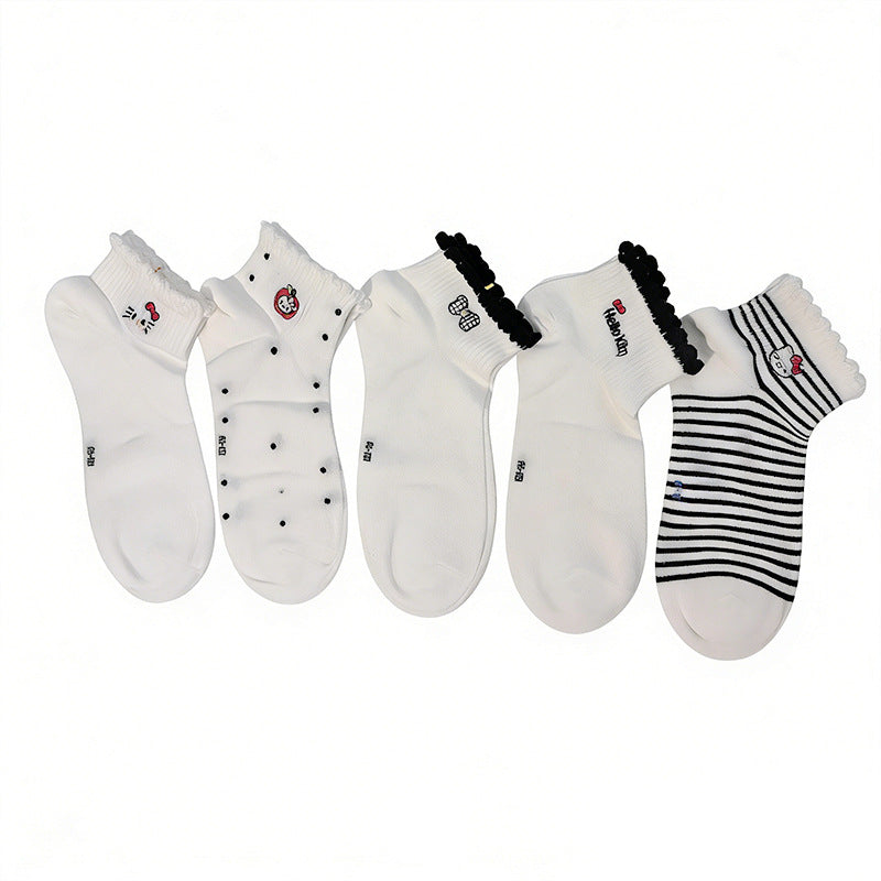 Women's Cartoon Lace Boat Socks with Striped Detail- Pack of 5