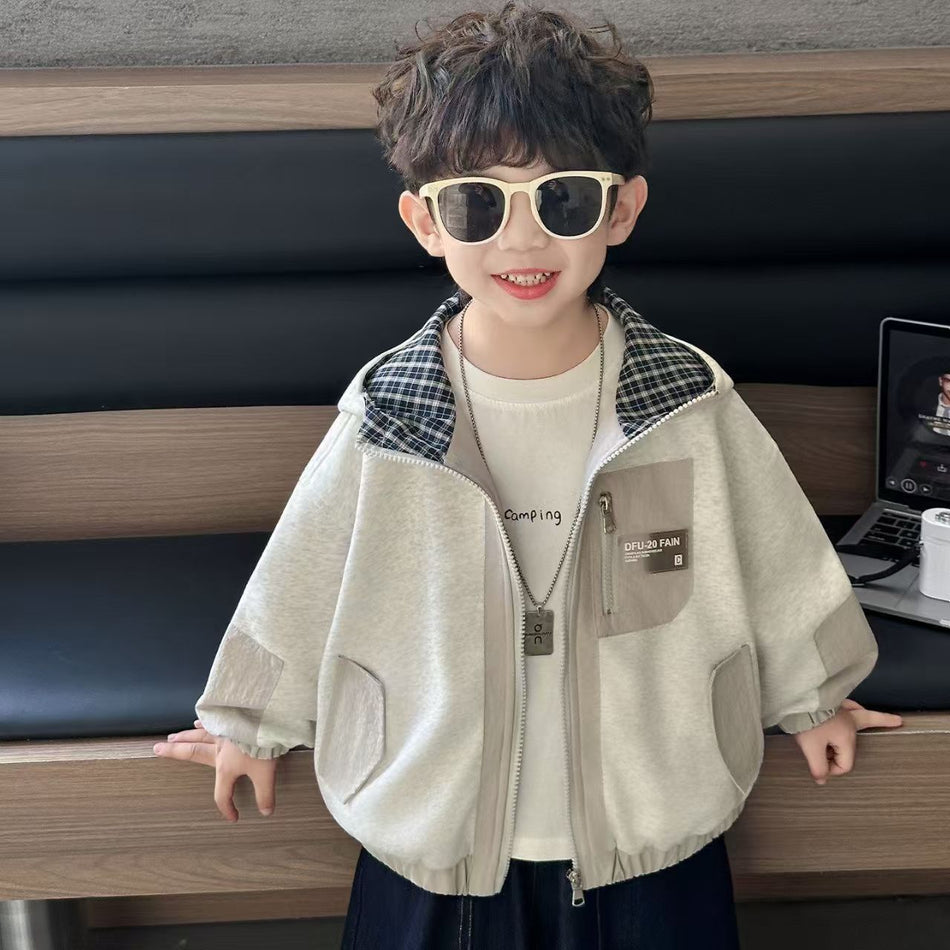 Kids' Plaid Patchwork Hooded Zip-Up Jacket