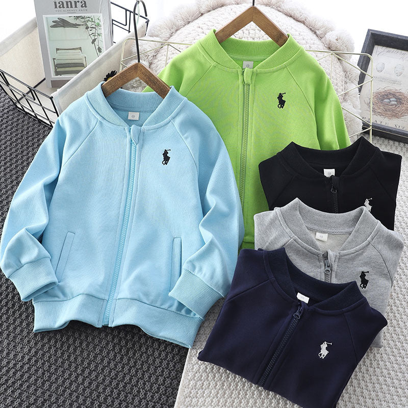 Kids' Pure Cotton Terry Baseball Jacket Stand Collar Zip-Up