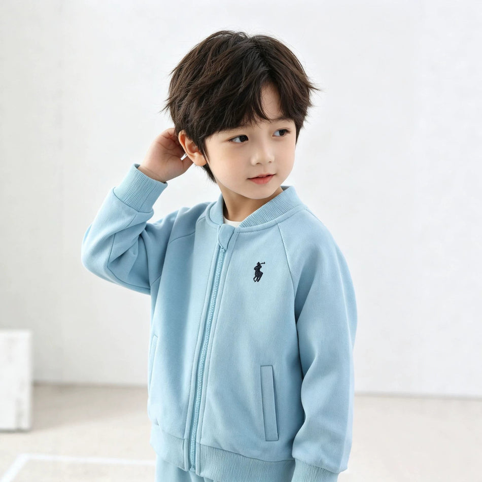 Kids' Pure Cotton Terry Baseball Jacket Stand Collar Zip-Up