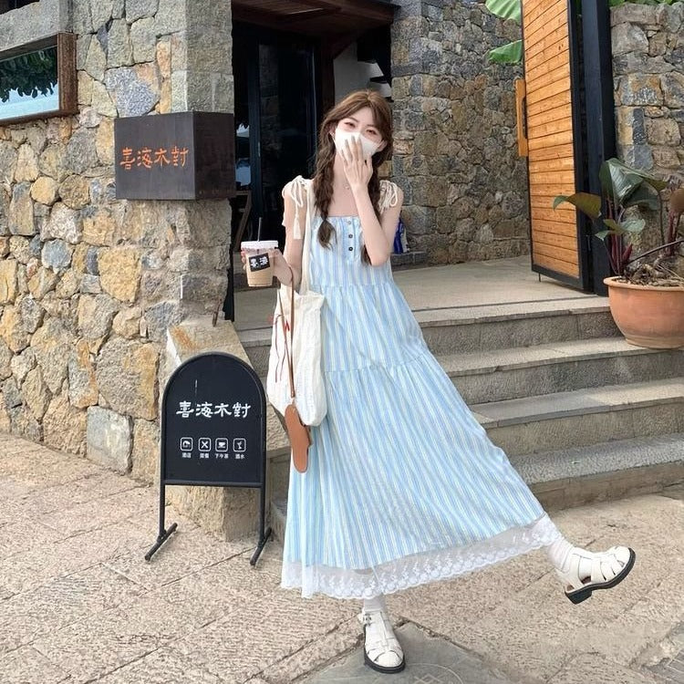Women's Blue Striped Sling Dress, Sleeveless Seaside A-Line Dress