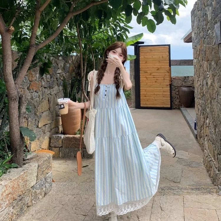 Women's Blue Striped Sling Dress, Sleeveless Seaside A-Line Dress