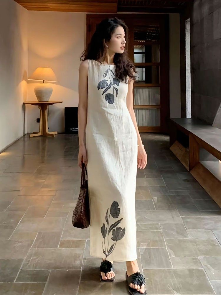 Women's Chinese Style Tie-Dye Dress, Retro Print Long Skirt