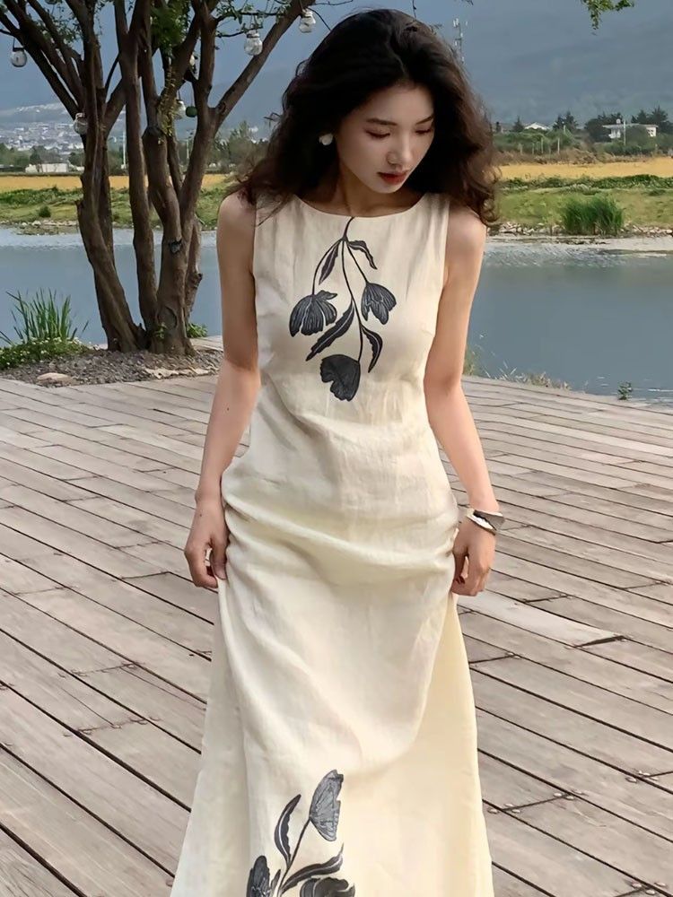Women's Chinese Style Tie-Dye Dress, Retro Print Long Skirt