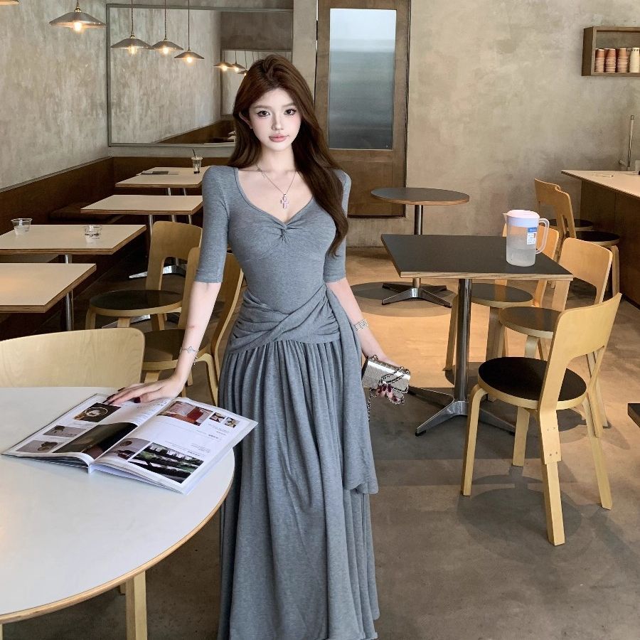 Women's Gray V-Neck A-Line Dress, High Waist Casual Long Skirt