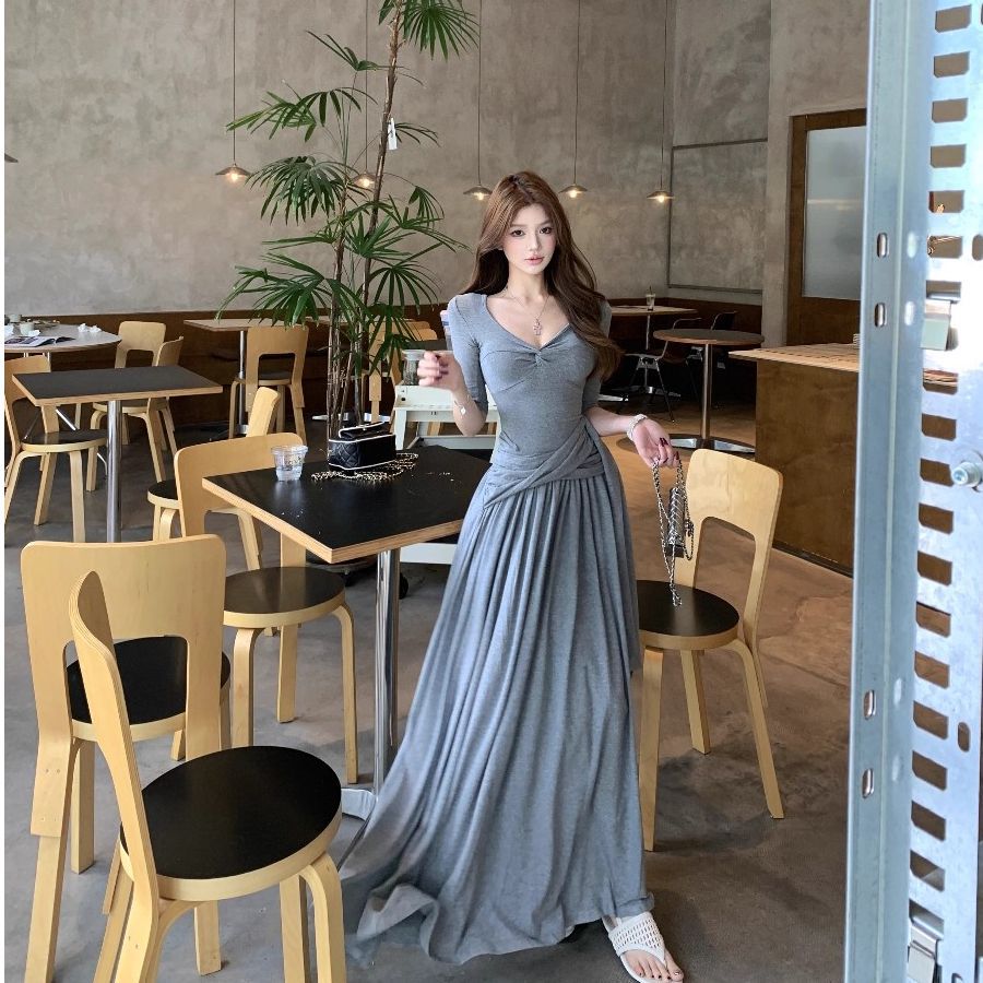Women's Gray V-Neck A-Line Dress, High Waist Casual Long Skirt