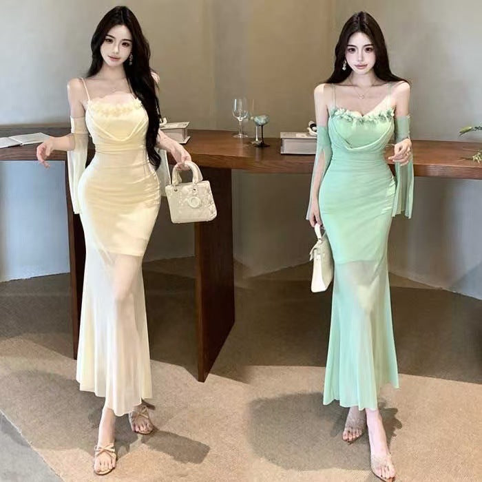 Women's Green Tulle Dress, Tie-Dye Elegant Midi Dress