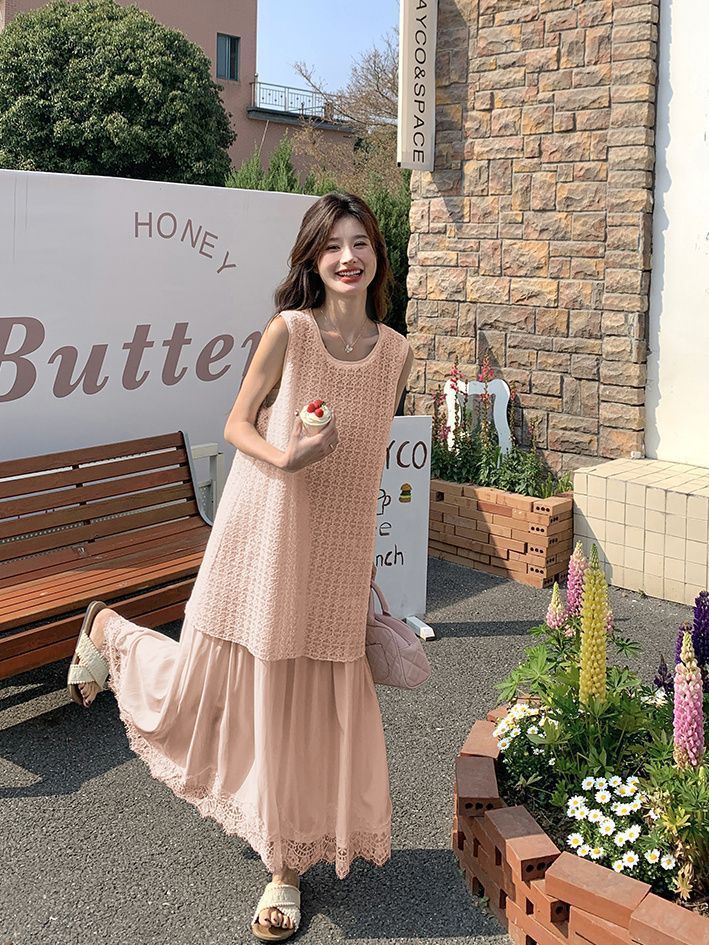 Women's Pink Faux Two-Piece Dress, French Style Sleeveless Midi