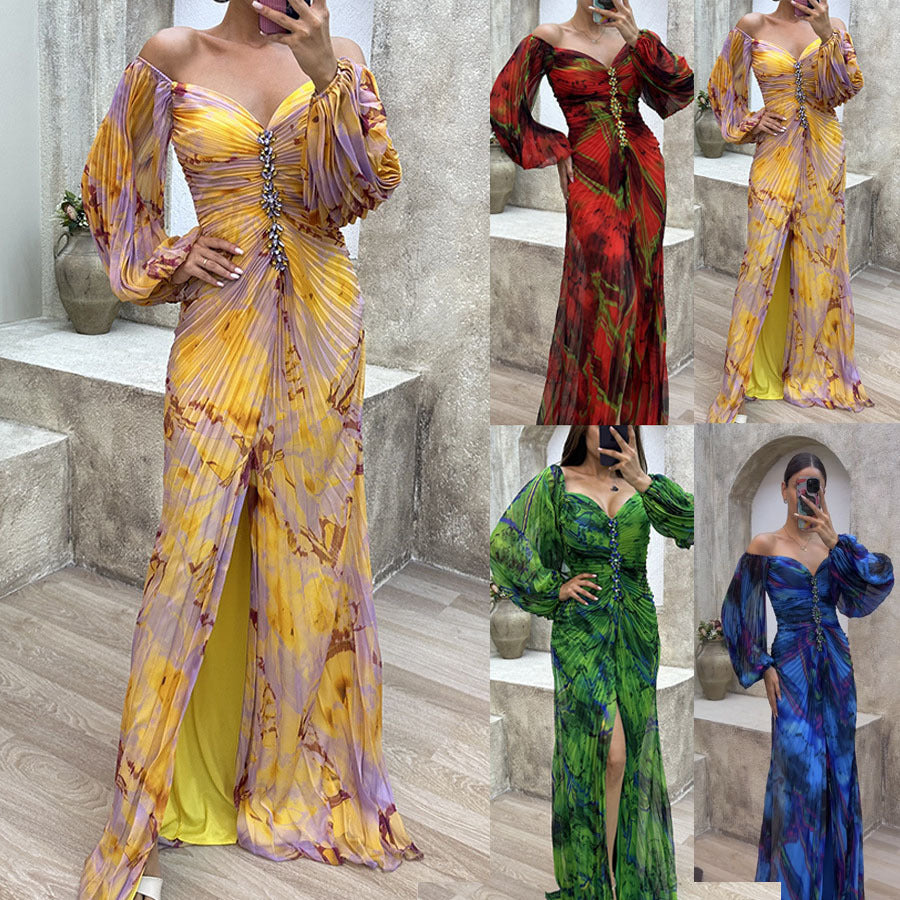Women's Floral Pleated Long Dress, V-Neck Casual Party Dress