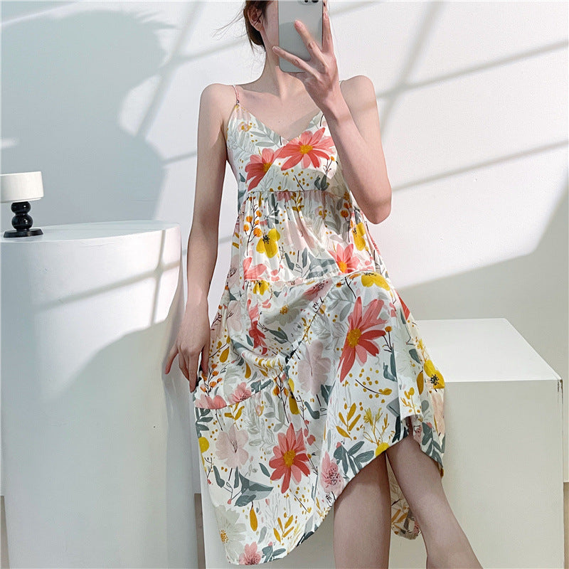 Women's Cotton Silk Nightgown, Sling Style Sleepwear Long Dress