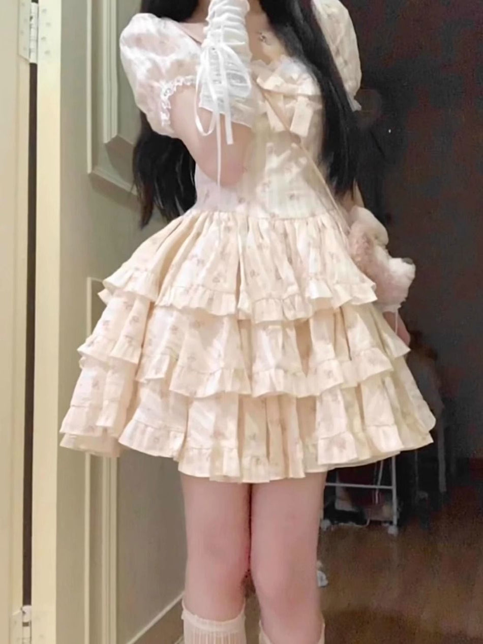 Women's Chiffon Puff Sleeve Dress, French Style Short Skirt