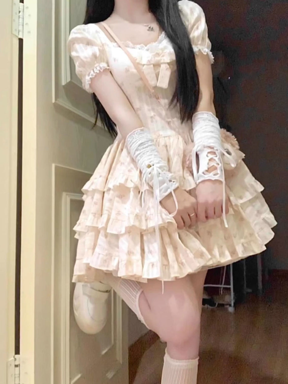 Women's Chiffon Puff Sleeve Dress, French Style Short Skirt