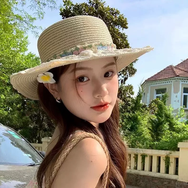 Women's Lace Straw Hat, Wide Brim Beach Sun Hat