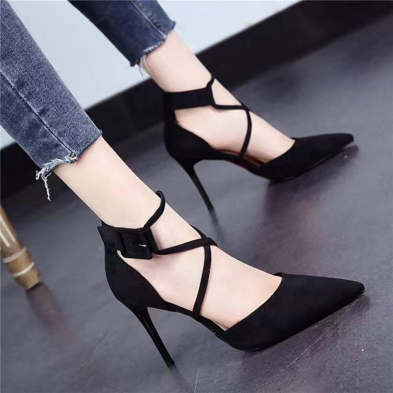 Women's Pointed Toe Stiletto Heels, Cross-Strap Suede Pumps