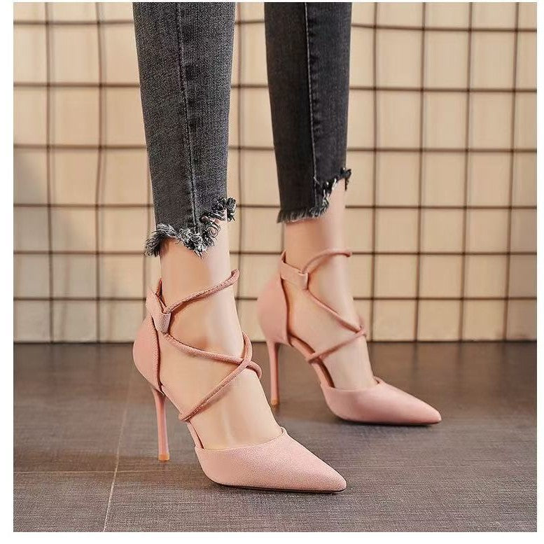 Women's Pointed Toe Stiletto Heels, Cross-Strap Suede Pumps