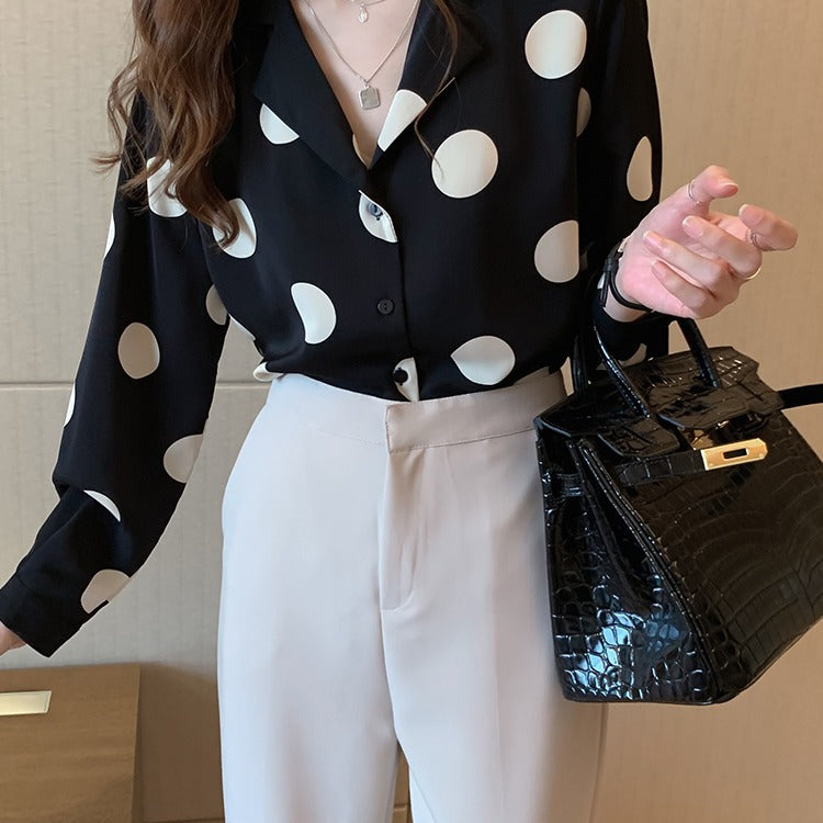 Women's Polka Dot Chiffon Shirt, Hong Kong Retro Commuter Top