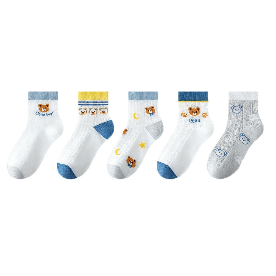 PACK OF 5-Boys' Cotton Breathable Mid-Calf Cartoon Bear Socks