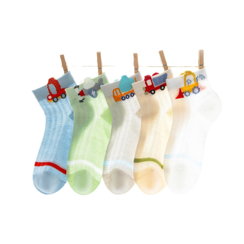PACK OF 5 Boys' Cotton Mesh Breathable Cartoon Sports Socks