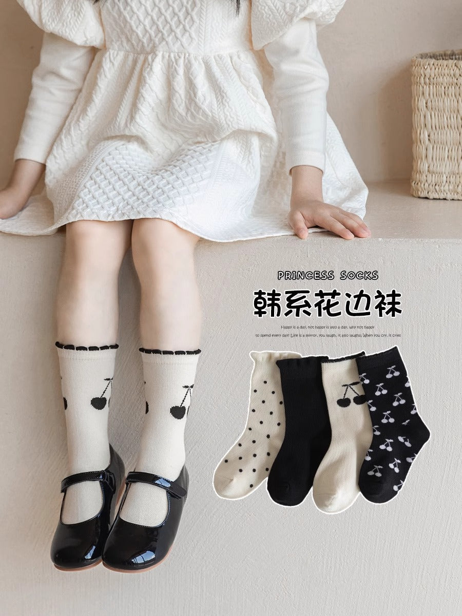 PACK OF 4 Girls' Cotton Lace Cute Polka Dot Mid-Calf Socks
