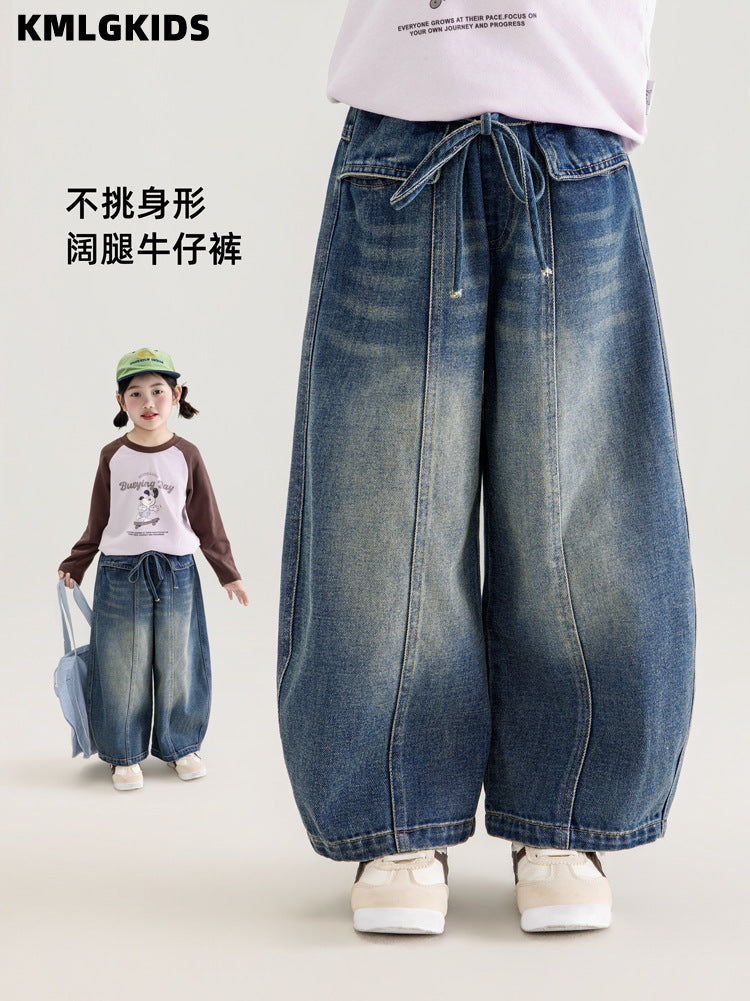 Girls' Wide-Leg Denim Jeans, High-Waist Casual Trousers