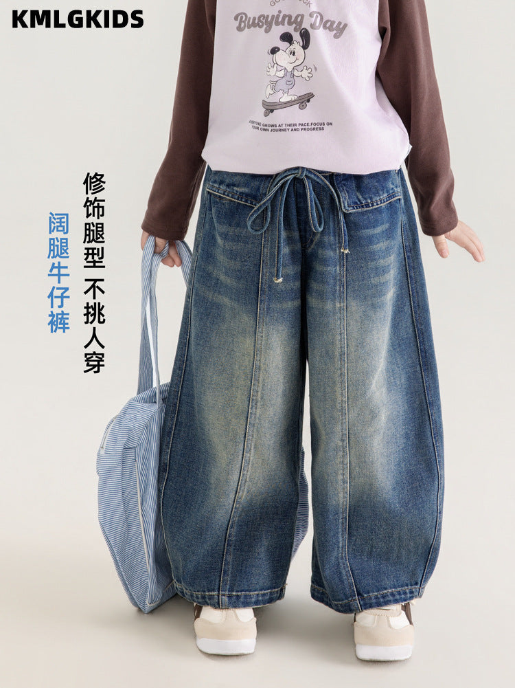 Girls' Wide-Leg Denim Jeans, High-Waist Casual Trousers