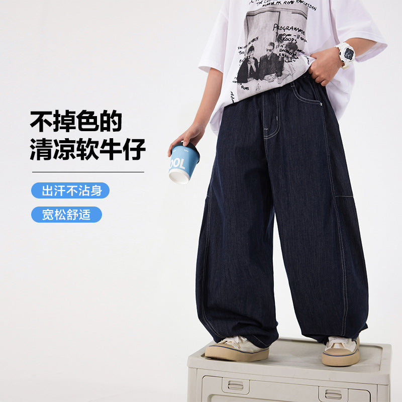 Boys' Wide-Leg Ice Silk Denim Pants, Korean Style