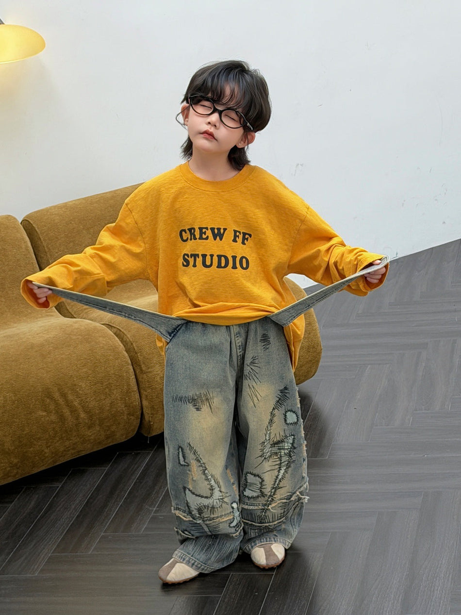 Kids' Retro Printed Denim Jeans, American Street Style