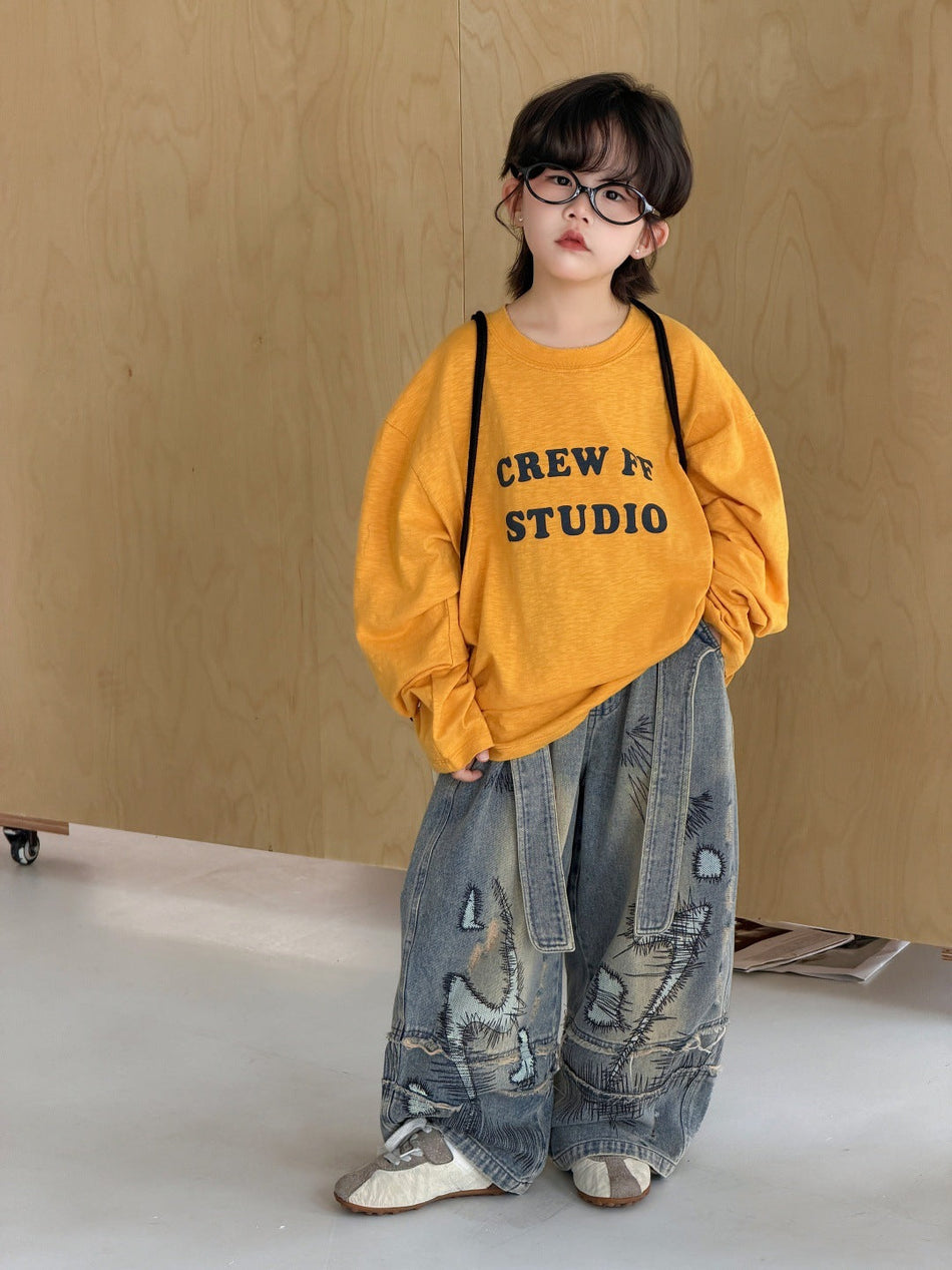 Kids' Retro Printed Denim Jeans, American Street Style