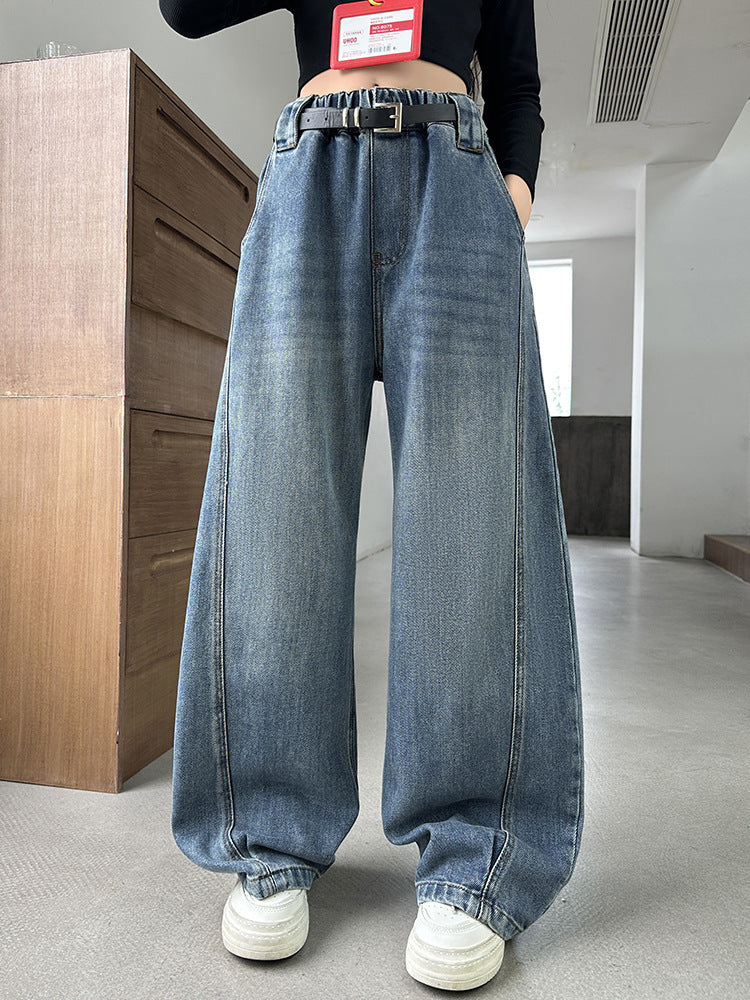 Girls' Denim Wide-Leg Pants High-Waisted Casual Jeans