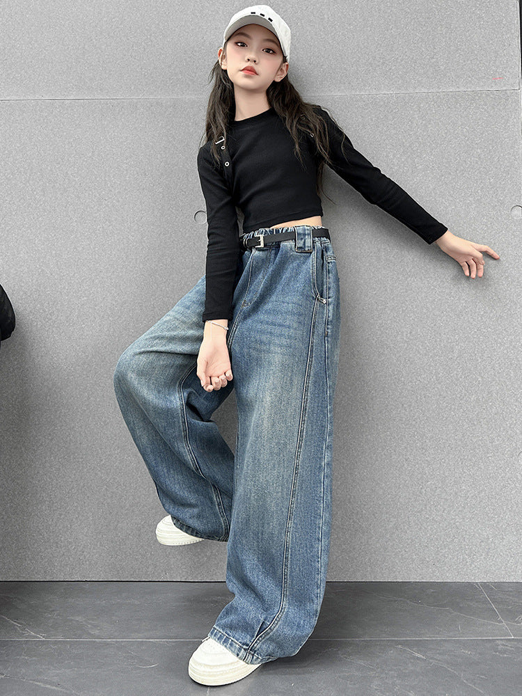Girls' Denim Wide-Leg Pants High-Waisted Casual Jeans