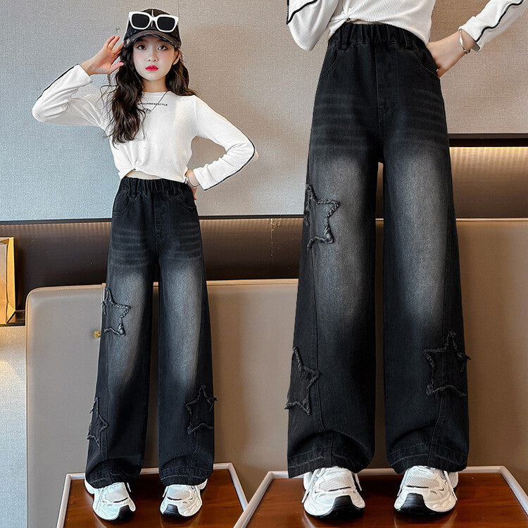 Girls' High-Waisted Wide-Leg Jeans Soft Cotton Spring Autumn