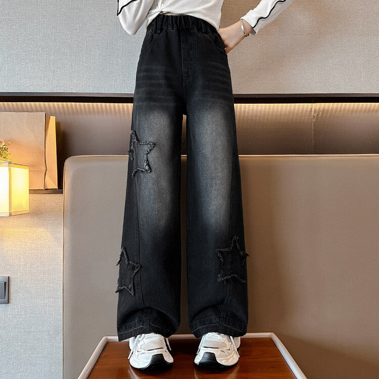Girls' High-Waisted Wide-Leg Jeans Soft Cotton Spring Autumn