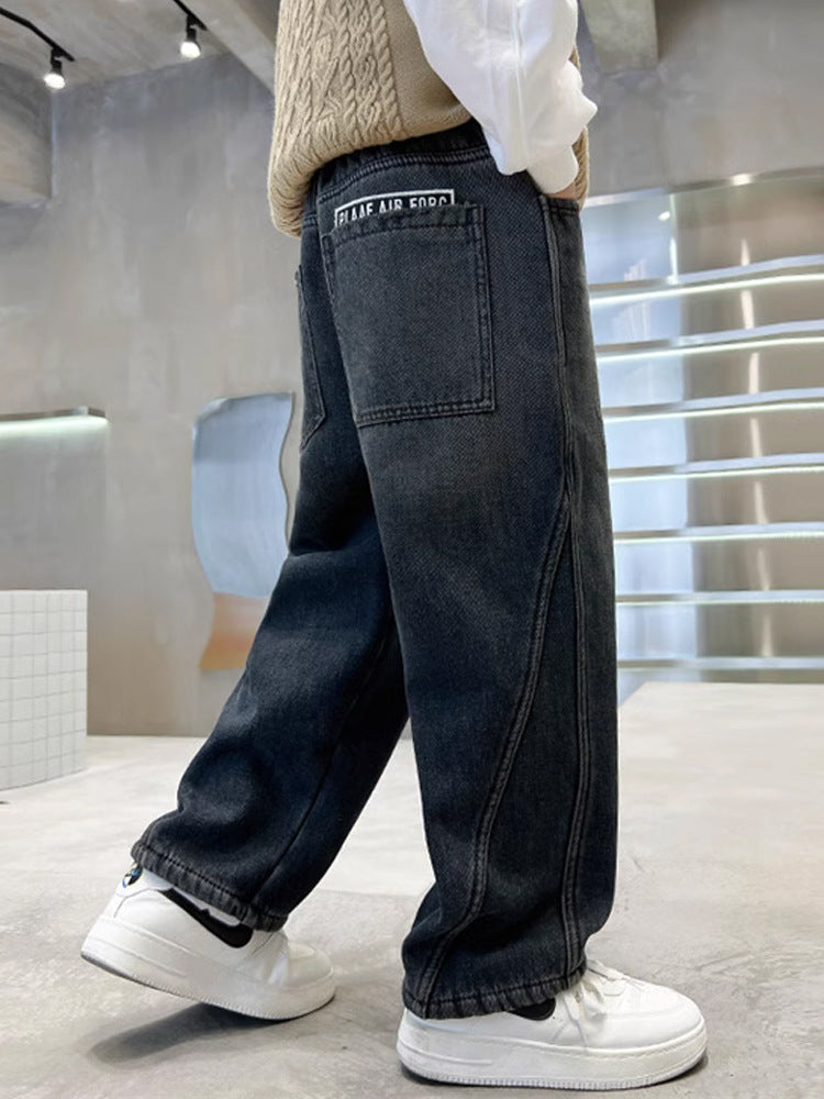 Boys' Black Denim Straight-Leg Jeans Cotton Blend Casual Pants