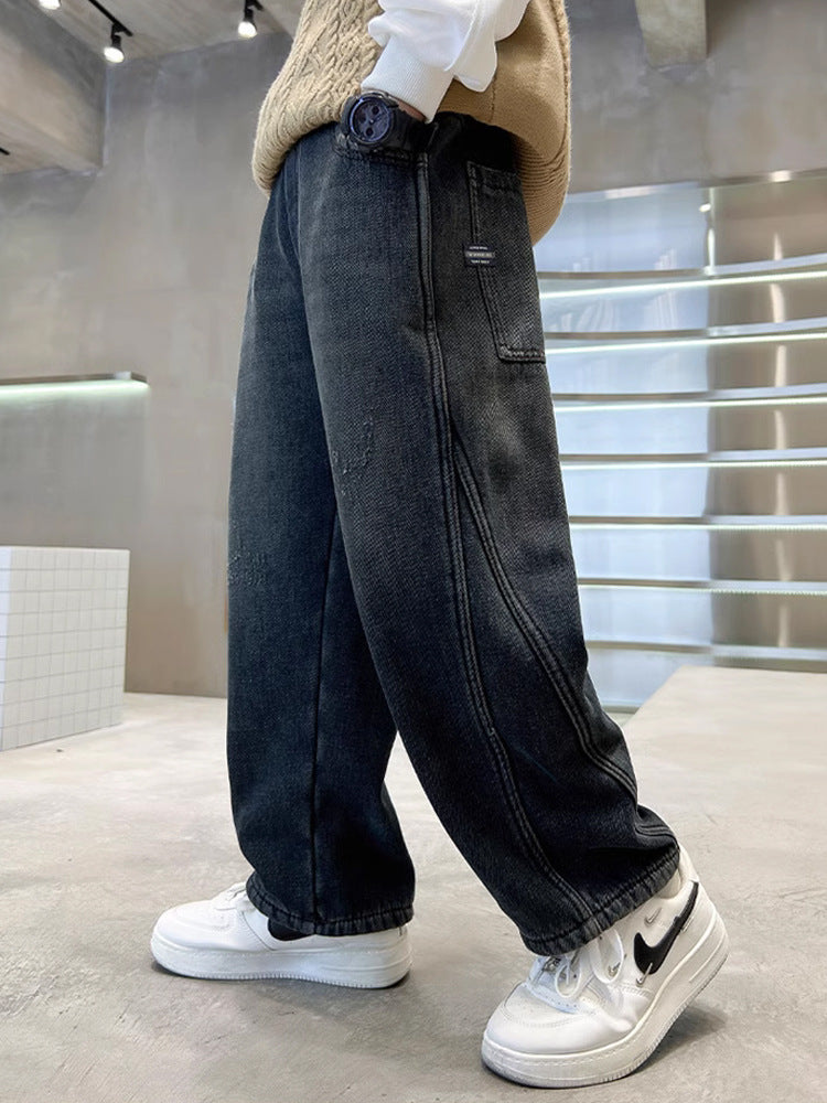 Boys' Black Denim Straight-Leg Jeans Cotton Blend Casual Pants