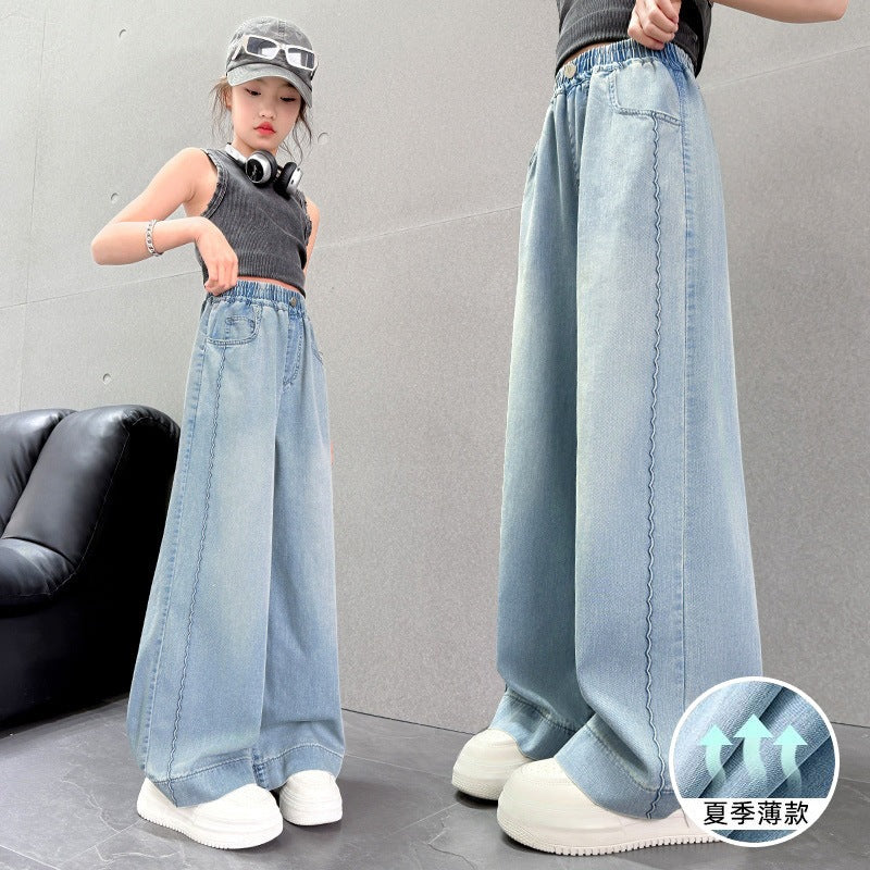 Girls' Tencel Jeans Thin Wide-Leg Summer Pants High-Waisted