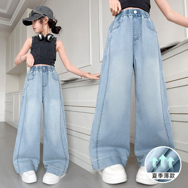 Girls' Tencel Jeans Thin Wide-Leg Summer Pants High-Waisted