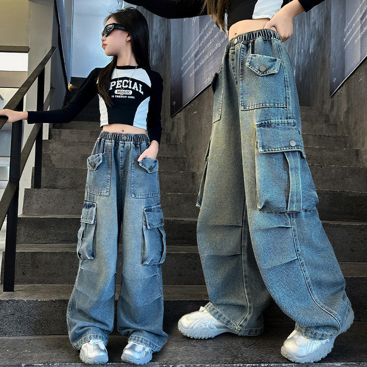 Girls' Multi-Pocket Cargo Jeans High-Waisted Loose Fit Pants