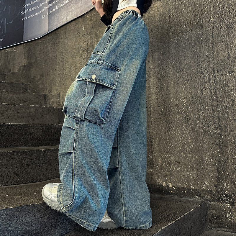 Girls' Multi-Pocket Cargo Jeans High-Waisted Loose Fit Pants