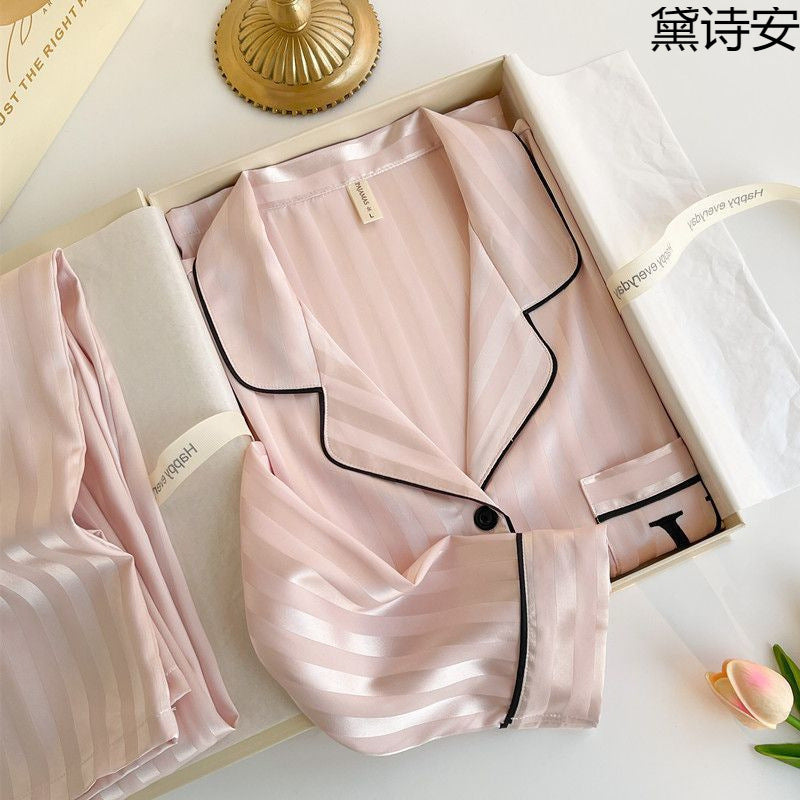 Women's Striped Ice Silk Pajamas, Long Sleeve Homewear Set