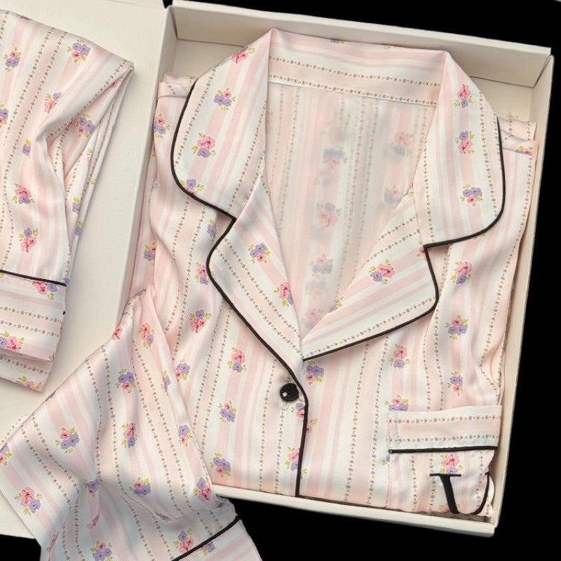 Women's Striped Ice Silk Pajamas, Long Sleeve Homewear Set