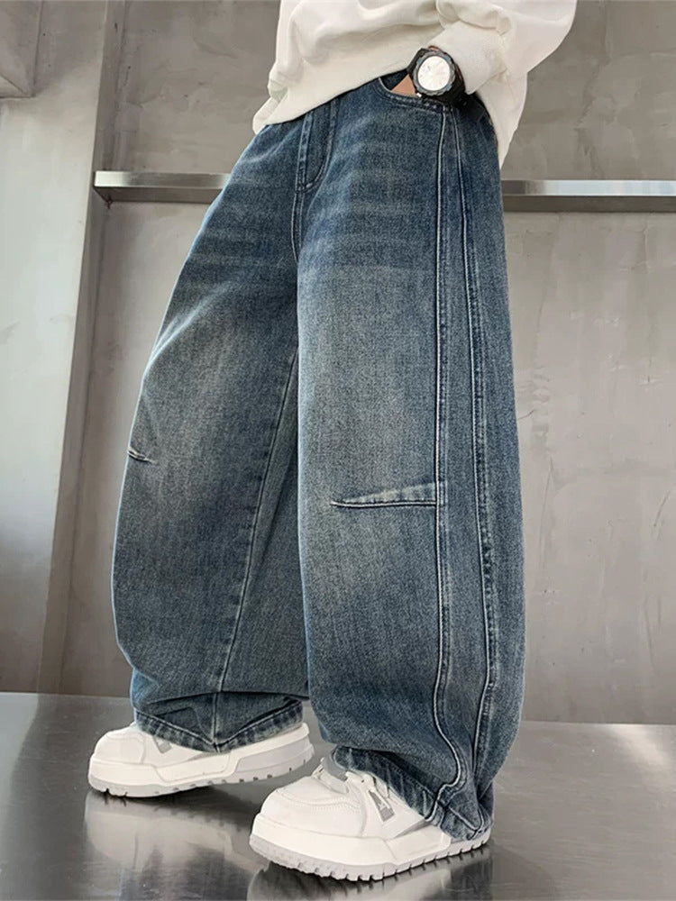 Boys Wide-Leg Straight Denim Jeans, Elastic Mid-Waist, Ages 8+