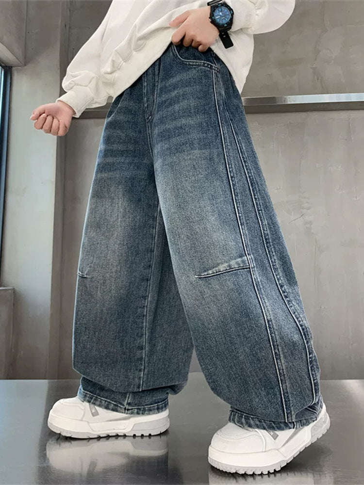 Boys Wide-Leg Straight Denim Jeans, Elastic Mid-Waist, Ages 8+