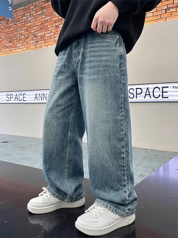Boys Wide-Leg Straight Jeans, Casual Cotton-Blend Denim Pants