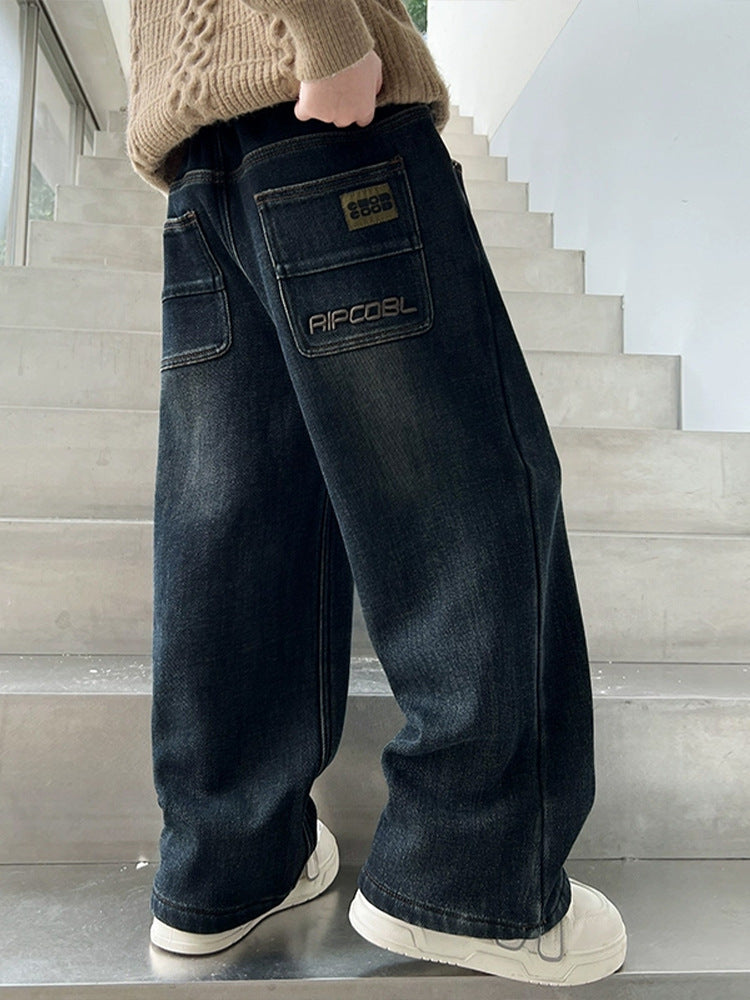 Boys Wide-Leg Denim Jeans, Casual Loose Fit for Kids