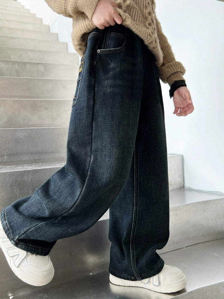 Boys Wide-Leg Denim Jeans, Casual Loose Fit for Kids