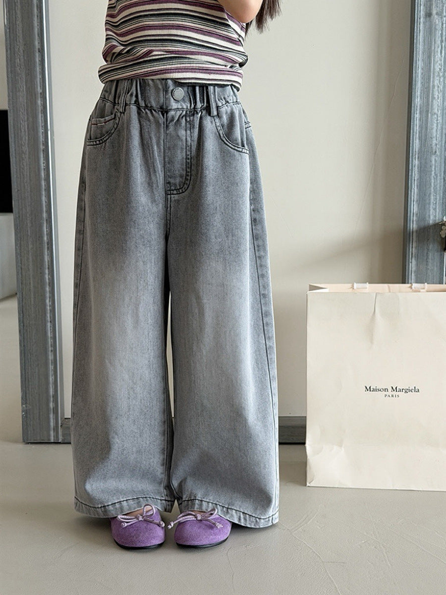 Kids Retro Distressed Grey Jeans, Soft Cotton Denim, Unisex Fit